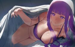  1girl bed_invitation bottomless bra breasts closed_mouth fern_(sousou_no_frieren) hews highres large_breasts looking_at_viewer pubic_hair purple_bra purple_hair purple_pubic_hair solo sousou_no_frieren under_covers underwear  rating:Questionable score:259 user:TDogarooski