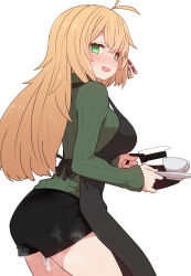1girl antenna_hair apron black_apron black_skirt blonde_hair blush breasts clothed_after_sex coffee cum cumdrip cup fang green_eyes green_sweater hair_ornament holding holding_cup large_breasts long_hair long_sleeves open_mouth simple_background skirt solo sumiyao_(amam) sweat sweater thighs tsurumaki_maki voiceroid wavy_mouth white_background rating:Explicit score:83 user:danbooru