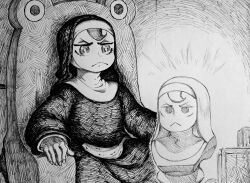  1girl :&lt; absurdres bust_(sculpture) chair chronozbergh commentary crosshatching english_commentary froggy_nun_(diva) frown furrowed_brow glowing graphite_(medium) greyscale habit hatching_(texture) highres little_nuns_(diva) monochrome nun robe sitting solo traditional_media  rating:General score:4 user:danbooru