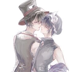 2boys androgynous bare_shoulders black_hair black_hat black_shirt black_vest chinese_commentary closed_eyes clothing_cutout collared_shirt commentary_request cowboy_shot detached_sleeves enraku_tsubakura eye_of_senri frilled_hat frills genderswap genderswap_(otm) hair_between_eyes hat high_collar highres imminent_kiss jacket jacket_partially_removed len&#039;en long_sleeves male_focus mob_cap multiple_boys multiple_others navel neck_ribbon parted_lips purple_hat purple_jacket red_ribbon ribbon shirt shitodo_kuroji shorts simple_background sleeveless sleeveless_shirt stomach_cutout top_hat triangular_headpiece two-sided_fabric two-sided_headwear vest white_background white_shirt white_shorts white_sleeves xuan9119 yaoi 