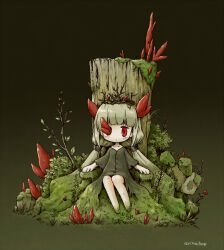  1girl arinu arm_rest barefoot blunt_bangs blush branch bush chibi closed_mouth commentary_request crown dirty dirty_feet dress expressionless faux_figurine flower gradient_background green_background green_dress highres horns long_hair looking_at_viewer low_twintails missing_eye moss overgrown red_eyes red_flower robot_(void_terrarium) sapling short_sleeves sidelocks sitting solo straight-on throne toriko_(void_terrarium) torn_clothes torn_dress tree_stump twintails very_long_hair void_terrarium 