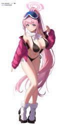  1girl absurdres bikini black_bikini blue_archive breasts cleavage coat commentary eimi_(blue_archive) eimi_(swimsuit)_(blue_archive) full_body goggles goggles_on_head gohan_oni halo highres jacket large_breasts padded_jacket pink_hair pink_halo pink_jacket scarf side-tie_bikini_bottom simple_background ski_goggles solo swimsuit white_background white_footwear white_scarf winter_clothes winter_coat 