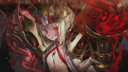  1girl blonde_hair blood blood_on_chest blood_on_face braid chalice crown cup dragon_claw elbow_gloves facial_mark fate/grand_order fate_(series) french_braid gloves hair_bun hair_intakes highres kaerunoko looking_at_viewer nero_claudius_(fate) nero_claudius_(fate)_(all) pointy_ears queen_draco_(fate) queen_draco_(second_ascension)_(fate) red_eyes red_scales robe scales solo upper_body white_gemstone white_gloves white_robe 