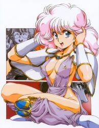  1980s_(style) armor breasts center_opening cleavage dress earrings highres jewelry looking_at_viewer nipples non-web_source official_art oldschool open_mouth paneled_background pink_hair rance rance_(series) retro_artstyle revealing_clothes round_eyewear see-through semi-rimless_eyewear shiny_skin shoulder_armor sill_plain sitting upper_body urushihara_satoshi 