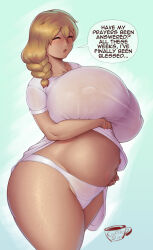 1girl artist_name blonde_hair blush braid braided_ponytail breast_lift breasts closed_eyes coffeeslice collarbone covered_erect_nipples curvy english_text gigantic_breasts gluteal_fold hair_between_eyes hair_over_shoulder hand_on_own_stomach highres huge_breasts medium_hair navel original parted_lips plump pregnant pubic_tattoo see-through shirt signature solo speech_bubble sweat t-shirt tattoo thick_thighs thighs wide_hips
