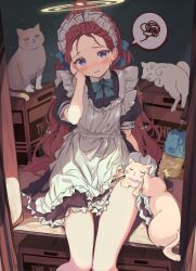 1girl animal apron black_dress black_panties blue_archive blush cat cutlass_(classic_chocolate) dress feet_out_of_frame forehead frilled_apron frills halo highres long_hair looking_at_viewer maid maid_headdress official_alternate_costume open_mouth panties purple_eyes red_hair short_sleeves sitting solo spoken_squiggle squiggle underwear white_apron yellow_halo yuzu_(blue_archive) yuzu_(maid)_(blue_archive) 