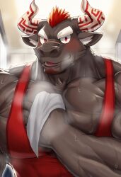  1boy animal_ear_fluff animal_ears bara blush brown_fur cerberus049 cow_ears cow_horns facial_hair furry furry_male goatee gyumao_(housamo) highres horns large_pectorals looking_at_viewer male_focus minotaur mohawk muscular muscular_male pectorals red_hair scar scar_on_face scar_on_nose short_hair singlet solo steam sweat thick_eyebrows tokyo_houkago_summoners upper_body wiping_sweat 