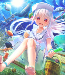  1girl :d air_bubble aiuabo albino ankleband aqua_nails basket bench blouse braid bubble child clenched_hand clownfish collarbone commentary_request fish flip-flops floating_hair from_below hair_half_undone hat highres holding holding_leaf knees_together_feet_apart leaf lighthouse long_hair looking_at_viewer nail_polish ocean octopus open_mouth original outstretched_arm park_bench parrotfish puffer_fish red_eyes red_ribbon ribbon sailor_collar sailor_hat sandals school_uniform sea_urchin serafuku shirt shoe_soles short_sleeves side_braids sidelocks sitting skirt smile solo sun swing_set toenail_polish toenails toes transparent_footwear underwater white_hair white_sailor_collar white_shirt white_skirt wristband  rating:General score:9 user:danbooru