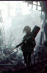  1girl absurdres blonde_hair brown_eyes chromatic_aberration coat commentary crane_(machine) destruction english_commentary gun hair_over_one_eye highres huge_filesize medium_hair original rubble ruins scenery shoes solo standing weapon wind xeonomi  rating:General score:2 user:danbooru