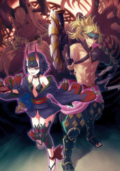  1boy 2girls abs alcohol alternate_body_hair axe bare_pectorals bare_shoulders black_sclera blonde_hair blue_eyes bob_cut breasts chest_harness colored_sclera colored_skin cup dark-skinned_female dark_skin eyeliner fate/grand_order fate_(series) fingerless_gloves gloves gourd grey_skin hair_between_eyes harness headband heian highres holding holding_axe horns ibuki_douji_(avatar_of_the_great_serpent_god)_(fate) ibuki_douji_(fate) igote japanese_clothes jewelry kimono large_breasts long_hair magatama makeup multicolored_hair multiple_girls multiple_horns official_alternate_costume oni open_clothes open_kimono open_mouth pectorals pointy_ears purple_eyes purple_hair purple_kimono red_eyes revealing_clothes sakata_kintoki_(fate) sakata_kintoki_(heian_warrior_attire)_(fate) sakazuki sake short_eyebrows short_hair shuten_douji_(fate) sidelocks single_bare_shoulder skin-covered_horns small_breasts ttmt weapon white_hair 