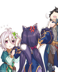 1boy 2girls anger_vein angry animal_ears antenna_hair arm_grab artist_name bare_shoulders blue_cape bow brown_pants cape cat_ears clothes_grab collar_grab cowboy_shot dress flower flying_sweatdrops frilled_sleeves frills grabbing grey_hair hair_between_eyes hair_bow hair_flower hair_ornament highres holding karyl_(princess_connect!) katoroku kokkoro_(princess_connect!) lifting_person long_hair long_sleeves looking_at_another multiple_girls open_mouth pants pointy_ears princess_connect! puffy_sleeves purple_eyes purple_hair see-through see-through_sleeves short_hair sleeve_grab sleeveless tail_raised trembling white_background wide_sleeves yuuki_(princess_connect!) rating:Sensitive score:9 user:danbooru