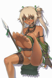 1girl bare_shoulders barefoot blonde_hair brown_eyes convenient_censoring convenient_leg dark-skinned_female dark_skin elf feet female_focus foot_focus highres kafei_ji original pointy_ears simple_background soles solo toes tribal twintails white_background rating:Questionable score:139 user:scp-294