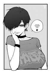  1girl absurdres band_shirt breasts casual choker earrings elbow_rest english_text greyscale grin hair_over_one_eye hand_on_own_face heart highres jewelry large_breasts looking_at_viewer merchandise monochrome norman_maggot olive_laurentia one_eye_closed original outside_border pixie_cut shirt short_hair short_sleeves smile solo speech_bubble spoken_heart swept_bangs t-shirt upper_body wristband 
