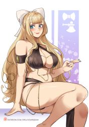 1girl absurdres artist_name blonde_hair blue_eyes blunt_ends breasts charlotte_(fire_emblem) criss-cross_halter deliciousbrain fire_emblem fire_emblem_fates hair_ribbon halterneck highres large_breasts long_hair looking_at_viewer meme_attire nail_polish navel nintendo ribbon smile solo thighs white_ribbon yomorio_lingerie 