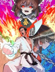  1boy 2girls absurdres akiyoshi_(inmu) belt black_belt black_hair black_sclera blood bow brown_bow brown_hair chain clenched_hands closed_eyes closed_mouth colored_sclera commentary_request cookie_(touhou) dark_persona dougi feet_out_of_frame fighting_stance fire hair_between_eyes hair_bow hair_tubes hakurei_reimu highres kanna_(cookie) long_bangs long_hair manatsu_no_yo_no_inmu multiple_girls open_mouth pectorals red_eyes short_hair smile tirano_tenchou touhou veins 
