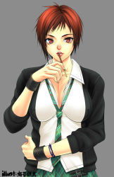  1girl breasts dead_or_alive dead_or_alive_5 food grey_background large_breasts looking_at_viewer loose_necktie mila_(doa) necktie noriheita pocky red_hair short_hair simple_background solo spaniard spanish_(nationality) tecmo 