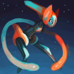  commentary creature creatures_(company) deoxys deoxys_(speed) english_commentary full_body game_freak gen_3_pokemon mythical_pokemon nintendo no_humans pokemon pokemon_(creature) rubin signature solo space 