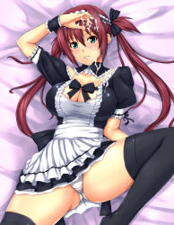  1girl airi_(queen&#039;s_blade) airi_(queen's_blade) airi_(the_infernal_temptress) aqua_eyes black_thighhighs blush breasts cleavage cum cum_on_body cum_on_upper_body frills kuimono large_breasts long_hair lying maid maid_headdress mikemono_yuu on_back panties pantyshot queen&#039;s_blade red_hair smile solo spread_legs thighhighs twintails underwear white_panties  rating:Explicit score:85 user:danbooru