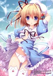  1girl :o absurdres animal_ear_legwear animal_print arm_up asymmetrical_hair beret black_ribbon blonde_hair blue_dress blue_eyes blue_ribbon blue_sky blush bow bow_panties breasts brown_hair buttons cameltoe cat_ear_legwear cat_print cherry_blossoms cleft_of_venus clenched_hand clothes_lift cloud cloudy_sky collared_dress cowboy_shot crotch_seam day dress dress_lift dutch_angle frilled_dress frills gluteal_fold gradient_hair hair_between_eyes hair_intakes hair_ornament hair_ribbon hairpin hand_on_headwear hat highres lens_flare long_hair looking_at_viewer medium_dress multicolored_hair nanaroba_hana neck_ribbon open_mouth original outdoors panties pantyshot petals photoshop_(medium) pink_bow print_thighhighs puffy_short_sleeves puffy_sleeves ribbon sailor_collar sailor_hat shiny_skin short_hair short_sleeves side_ponytail sky small_breasts solo spring_(season) standing tareme thigh_gap thighhighs tilted_headwear translation_request tree underwear white_hat white_panties white_thighhighs wind wind_lift 