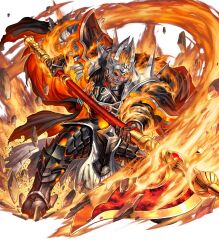  1boy armor attack beard black_cape cape colored_sclera dark-skinned_male dark_skin facial_hair fire fire_emblem fire_emblem_heroes highres holding holding_scythe nintendo non-web_source official_alternate_costume official_art open_mouth orange_hair pelvic_curtain red_cape red_eyes scar scar_across_eye scythe shoulder_spikes solo spikes surtr_(fire_emblem) surtr_(resplindent)_(fire_emblem) 