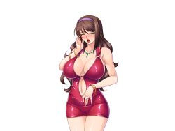 1girl bodycon bracelet breasts brown_hair cleavage dress headband jewelry kagami_hirotaka large_breasts latex latex_dress lilith-soft long_hair mature_female nagisa_sayoko navel necklace ochiru_hitozuma open_mouth ring simple_background solo thighs white_background rating:Questionable score:112 user:jojosstand