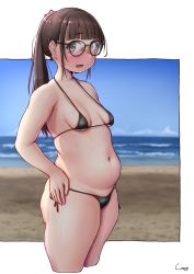  1girl beach belly bikini black-framed_eyewear black_bikini blunt_bangs blurry blurry_background blush breasts breasts_apart brown_eyes brown_hair character_request commentary copyright_request cowboy_shot cropped_legs from_side glasses hand_on_own_hip highres long_hair looking_at_viewer looking_to_the_side micro_bikini navel ocean open_mouth outside_border plump ponytail sand shadow shigekikkusu side-tie_bikini_bottom sidelocks signature skindentation sky small_breasts solo straight_hair string_bikini sweat swimsuit thick_thighs thighs tsurime waves white_background  rating:Questionable score:103 user:danbooru
