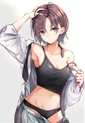 1girl ahoge aqua_eyes arm_up armpits asakura_toru bad_id bad_twitter_id bare_shoulders black_camisole black_necktie black_panties blue_hair breasts brown_hair camisole cleavage closed_mouth collarbone commentary_request contrapposto covered_erect_nipples cowboy_shot dress_shirt earrings gradient_background gradient_hair grey_background grey_skirt groin hand_on_own_head hand_up highres idolmaster idolmaster_shiny_colors jewelry large_breasts light_blush long_sleeves looking_at_viewer multicolored_hair navel necktie off_shoulder open_clothes open_shirt open_skirt otou_(otou3dayo) panties parted_bangs plaid plaid_skirt shirt short_hair skirt sleeveless sleeves_past_wrists sleeves_pushed_up solo standing stomach strap_slip underwear undone_necktie undressing white_background white_shirt rating:Sensitive score:62 user:danbooru