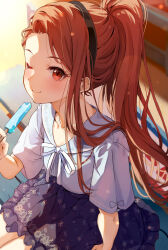  1girl absurdres asymmetrical_bangs black_hairband blue_shirt blue_skirt blush breasts brown_hair collarbone collared_shirt cowboy_shot dot_nose eyelashes food forehead frilled_skirt frills from_above hair_over_shoulder hairband highres holding holding_food holding_popsicle idolmaster idolmaster_(classic) idolmaster_million_live! idolmaster_million_live!_theater_days light_smile long_hair looking_at_viewer minase_iori nira_(vira) official_alternate_costume official_alternate_hairstyle on_bench one_eye_closed ponytail popsicle red_eyes shirt short_sleeves single_sidelock sitting skirt small_breasts solo swept_bangs very_long_hair 