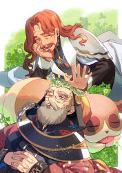  2boys arm_support beard chain closed_eyes clover copyright_request day dog facial_hair glasses green_eyes grey_hair hayasaka head_wreath highres hood interlocked_fingers jewelry long_hair lying multiple_boys mustache old old_man on_back one_eye_closed outdoors own_hands_together red_hair ring sleeping thick_eyebrows twitter_username 