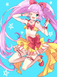 1girl ;d bad_id bad_pixiv_id blue_background bow green_eyes hair_bow heart kanai_(mahoro) long_hair looking_at_viewer manaka_laala microphone musical_note one_eye_closed open_mouth pretty_series pripara purple_hair smile solo star_(symbol) starry_background thighhighs v very_long_hair white_thighhighs