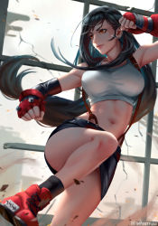 1girl bare_shoulders breasts brown_eyes clenched_hands closed_mouth crop_top debris earrings elbow_gloves elbow_pads fighting fighting_stance final_fantasy final_fantasy_vii fingerless_gloves gloves hair_lift highres jewelry large_breasts legs long_hair low-tied_long_hair midriff miniskirt navel pencil_skirt red_footwear shirt skirt solo square_enix stomach suspender_skirt suspenders tank_top taut_clothes taut_shirt tifa_lockhart whoareuu rating:Sensitive score:32 user:danbooru