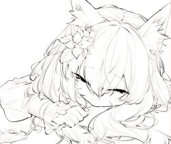  1girl animal_ear_fluff animal_ears blue_archive cat_ears flower frilled_sleeves frills greyscale hair_between_eyes hair_flower hair_ornament honi_(honi1010) long_hair long_sleeves mari_(blue_archive) monochrome simple_background solo upper_body white_background 