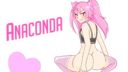  1girl :t absurdres animal_ears ass bare_shoulders blush bottomless breasts from_behind heart highres looking_at_viewer looking_back nyanaconda nyanners nyatasha_nyanners pink_hair pink_legwear simple_background small_breasts solo squatting tagme twintails virtual_youtuber vshojo white_background  rating:Questionable score:54 user:pharaunics