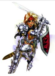  1girl armor armored_boots blonde_hair boots dagger fantasy glint green_eyes headband holding holding_shield holding_sword holding_weapon knife non-web_source open_mouth original sheath sheathed shield shirou_masamune short_hair solo spiked_armor sword teeth upper_teeth_only weapon white_background 