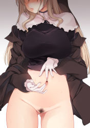  1girl belly_grab black_pubic_hair black_shirt blush bottomless breasts brown_hair brown_jacket commentary_request female_pubic_hair fujisaki_hikari gloves gluteal_fold gradient_background groin habit hair_between_eyes hands_on_own_stomach head_out_of_frame highres jacket large_breasts legs_apart long_hair long_sleeves mismatched_pubic_hair navel navel_piercing nijisanji nun off_shoulder open_clothes open_jacket parted_lips piercing pubic_hair shiny_skin shirt sidelocks sister_claire sister_claire_(1st_costume) solo spread_navel standing stomach sweat virtual_youtuber white_gloves  rating:Explicit score:128 user:danbooru