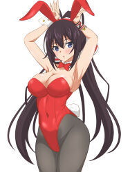  1girl animal_ears armpits black_hair black_pantyhose blue_eyes bow bowtie breasts cleavage covered_navel cowboy_shot curvy detached_collar hata_(pixiv10403940) high_ponytail highres infinite_stratos large_breasts leotard long_hair pantyhose playboy_bunny rabbit_ears rabbit_pose rabbit_tail red_bow red_bowtie red_leotard shinonono_houki simple_background solo split_ponytail strapless strapless_leotard tail white_background wrist_cuffs 
