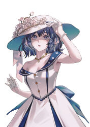  1girl :o absurdres alternate_costume alternate_hair_length alternate_hairstyle arknights armpits astesia_(arknights) back_bow blue_bow blue_eyes blue_hair blunt_ends bob_cut bow bracelet breasts cleavage commentary dress english_commentary feather_hair flower gloves half_gloves hat hat_flower highres jewelry medium_breasts necklace pearl_bracelet rose short_hair simple_background solo white_background white_dress white_flower white_gloves white_hat white_rose zhuang_yao 