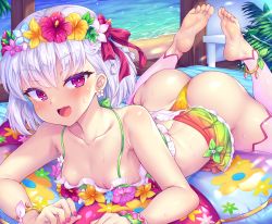  1girl :d armpits ass bare_arms bare_shoulders barefoot beach bed_sheet bikini bikini_skirt blue_flower blue_hair blush bow bracelet braid collarbone day detached_leggings earrings fang fate/grand_order fate_(series) feet flat_chest flower flower_earrings frilled_bikini frills hair_bow hair_flower hair_ornament halterneck head_wreath hibiscus jewelry kama_(fate) kama_(swimsuit_avenger)_(fate) kama_(swimsuit_avenger)_(first_ascension)_(fate) looking_at_viewer lying medium_hair nail_polish on_stomach open_mouth pink_thighhighs purple_bow purple_eyes purple_flower purple_nails red_eyes silver_hair skin_fang smile solo sweat swimsuit the_pose thighhighs thighs thong_bikini toraishi_666 water white_thighhighs yellow_flower  rating:Sensitive score:183 user:danbooru