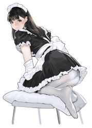  1girl apron ass bad_id bad_twitter_id black_dress black_hair blue_panties blunt_bangs blush brown_eyes cushion dress elbow_gloves feet frilled_dress frilled_sleeves frills from_side full_body gloves highres kneeling leaning_forward lips long_hair looking_at_viewer looking_to_the_side maid maid_headdress no_shoes original panties panties_under_pantyhose pantyhose pantyshot puffy_short_sleeves puffy_sleeves short_sleeves solo stool straight_hair underwear upskirt white_apron white_gloves white_panties white_pantyhose yomu_(sgt_epper)  rating:Sensitive score:69 user:danbooru