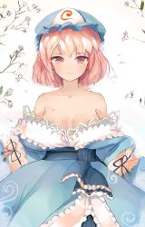  1girl bad_id bad_pixiv_id bare_shoulders breasts cleavage collarbone female_focus flower hat japanese_clothes nenna off_shoulder pink_hair red_eyes saigyouji_yuyuko short_hair smile solo touhou triangular_headpiece  rating:Questionable score:37 user:captainmurasa