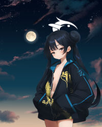  1girl black_hair black_jacket blue_archive breasts closed_mouth cowboy_shot double_bun dragon_print full_moon grey_eyes grey_halo hair_bun halo hands_in_pockets highres jacket kisaki_(blue_archive) long_hair long_sleeves looking_at_viewer moon mutsuse open_clothes open_jacket small_breasts solo twintails 