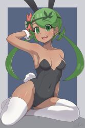  1girl :d absurdres alternate_costume animal_ears black_leotard blush breasts collarbone commentary covered_navel creatures_(company) dark-skinned_female dark_skin eyelashes flower full-body_tattoo game_freak genki2d green_eyes green_hair green_headband hair_flower hair_ornament hand_up headband highres leotard long_hair mallow_(pokemon) nintendo open_mouth pink_flower playboy_bunny pokemon pokemon_sm rabbit_ears rabbit_tail signature smile solo tail tattoo teeth thighhighs tongue twintails upper_teeth_only white_thighhighs wrist_cuffs 