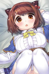 10s 1girl bed blush breasts brown_eyes brown_hair center_frills draph dress frills granblue_fantasy hair_bobbles hair_ornament highres horns large_breasts loli looking_at_viewer lying on_back open_mouth oppai_loli petite sakimori_dan short_hair solo thighhighs white_thighhighs yaia_(granblue_fantasy) rating:Questionable score:39 user:danbooru