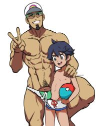  2boys abs absurdres age_difference bara beard blue_hair bulge creatures_(company) dark_blue_hair elio_(pokemon) facial_hair feet_out_of_frame game_freak hat height_difference highres holding holding_poke_ball idoraad kukui_(pokemon) linea_alba male_focus male_swimwear male_underwear male_underwear_pull multicolored_male_swimwear multiple_boys muscular muscular_male navel nintendo nipples onii-shota open_mouth pectorals penis penis_peek poke_ball pokemon pokemon_sm pubic_hair shota size_difference smile swim_trunks teeth twitter_username underwear v white_background white_male_swimwear yaoi  rating:Questionable score:146 user:danbooru
