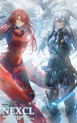  2girls armor cloud cloudy_sky commentary_request dual_wielding grey_eyes grey_hair headgear highres holding holding_sword holding_weapon kazunari_(prawn10231) light_frown long_hair looking_at_viewer multiple_girls original ponytail power_armor red_eyes red_hair science_fiction sheath sky standing sword unsheathed very_long_hair weapon 