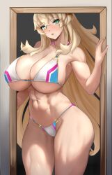  1girl abs bare_shoulders barghest_(fate) barghest_(swimsuit_archer)_(fate) biceps bikini blonde_hair breasts cleavage collarbone fate/grand_order fate_(series) green_eyes highres huge_breasts looking_at_viewer medium_hair multicolored_bikini multicolored_clothes muscular muscular_female open_mouth raskasar solo swimsuit thick_thighs thighs white_bikini  rating:Sensitive score:89 user:danbooru