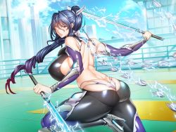  1girl ass bare_shoulders blue_hair blush bodysuit boots bouncing_breasts breasts butt_crack cityscape curvy dual_wielding electricity fei_(maidoll) female_focus full_body high_ponytail highleg highleg_leotard holding holding_sword holding_weapon huge_ass huge_breasts jumping leotard lilith-soft lips long_hair looking_to_the_side muscular muscular_female ponytail shiny_skin simple_background sword taimanin_(series) taimanin_rpgx uehara_rin very_long_hair weapon  rating:Sensitive score:74 user:yogdoogyog
