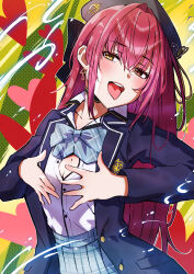  1girl absurdres bow bowtie cruzango0510 highres hololive houshou_marine long_hair long_sleeves looking_at_viewer open_mouth red_eyes red_hair smile solo tongue virtual_youtuber  rating:Sensitive score:1 user:victusr34