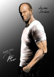  1boy character_name commentary_request dated from_side gradient_background grey_background hand_in_pocket highres jason_statham looking_at_viewer male_focus mature_male muscular muscular_male pants real_life shirt signature simple_background solo t-shirt tagme twitter_username white_shirt yua_(checkmate) 