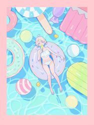  1girl ball beachball bikini candy doughnut food from_above innertube kisaragi_yuu_(fallen_sky) lollipop lying original pool popsicle rubber_duck swim_ring swimsuit white_bikini 